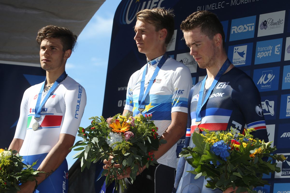 Filippo Ganna, Lennard Kamna and Remi Cavagna on the podium