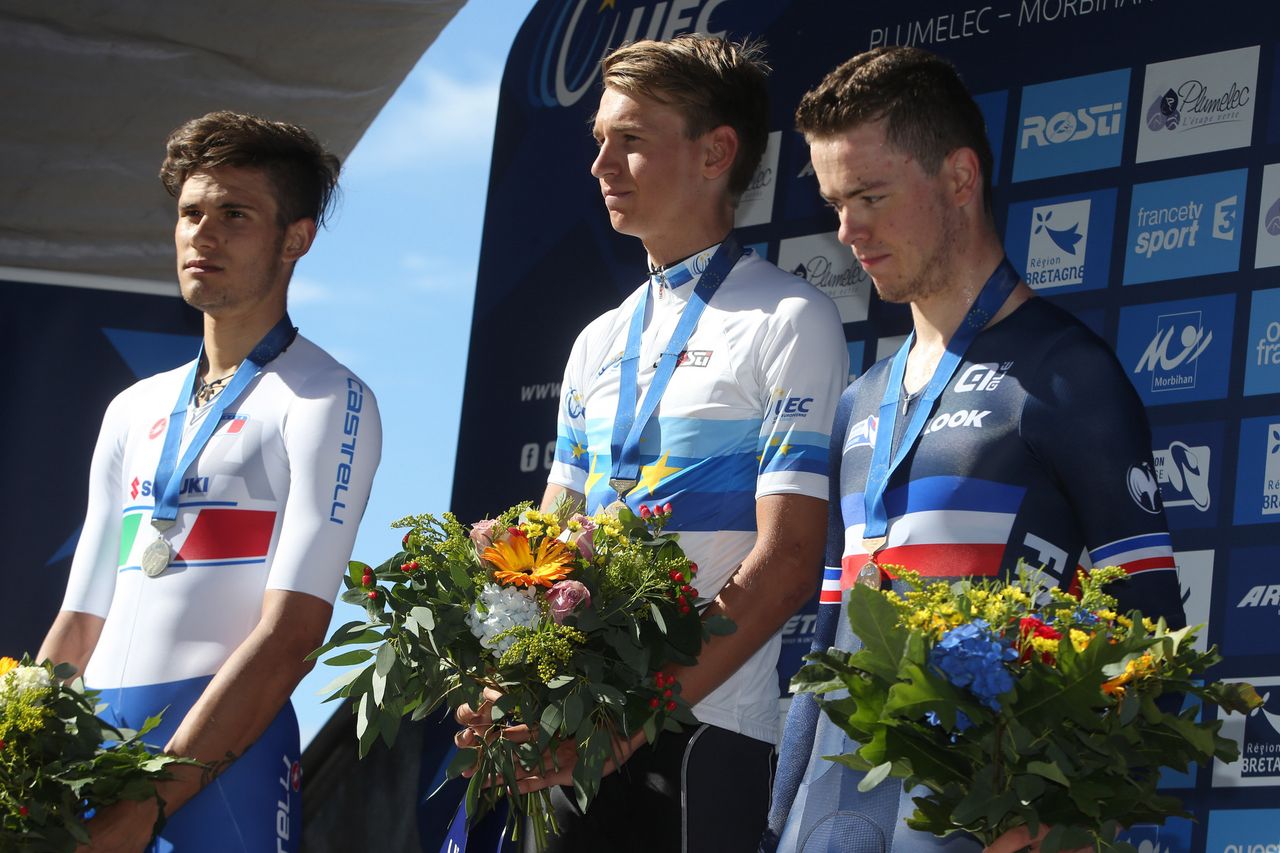 Filippo Ganna, Lennard Kamna and Remi Cavagna on the podium