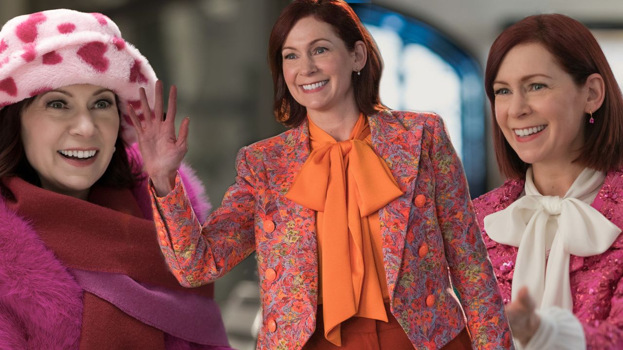 a collage of photos of carrie preston as elsbeth in the tv show wearing bright colored outfits and smiling