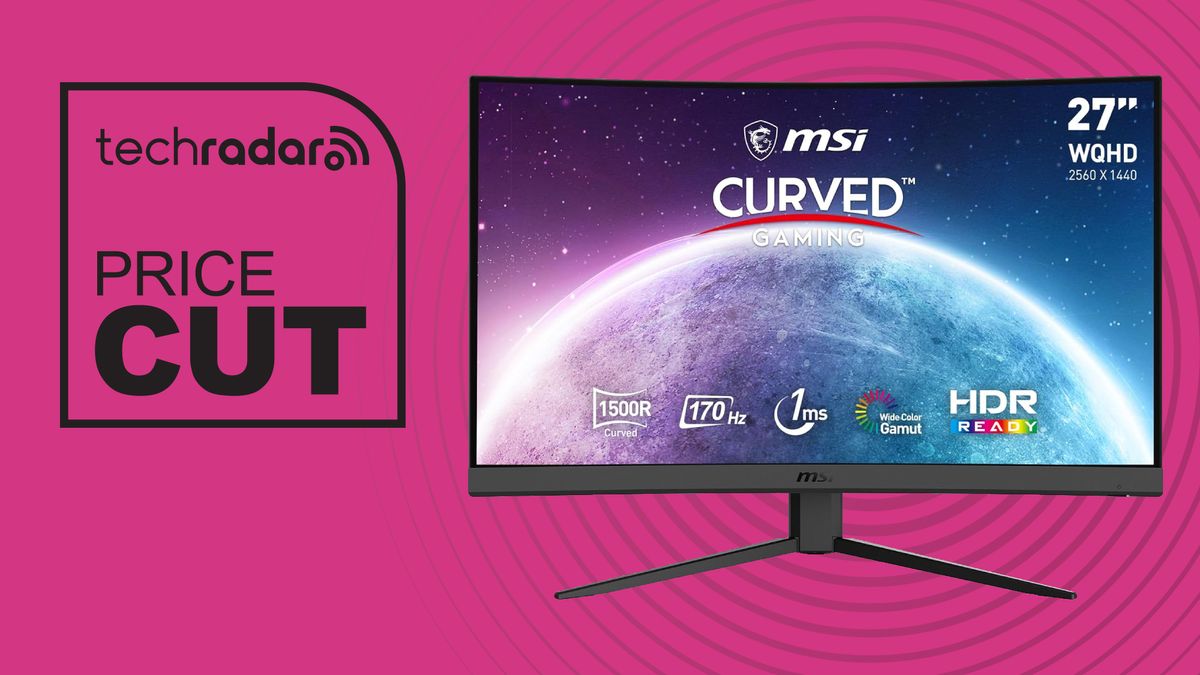 MSI G27CQ4 E2 curved gaming monitor on pink background