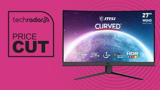 MSI G27CQ4 E2 curved gaming monitor on pink background