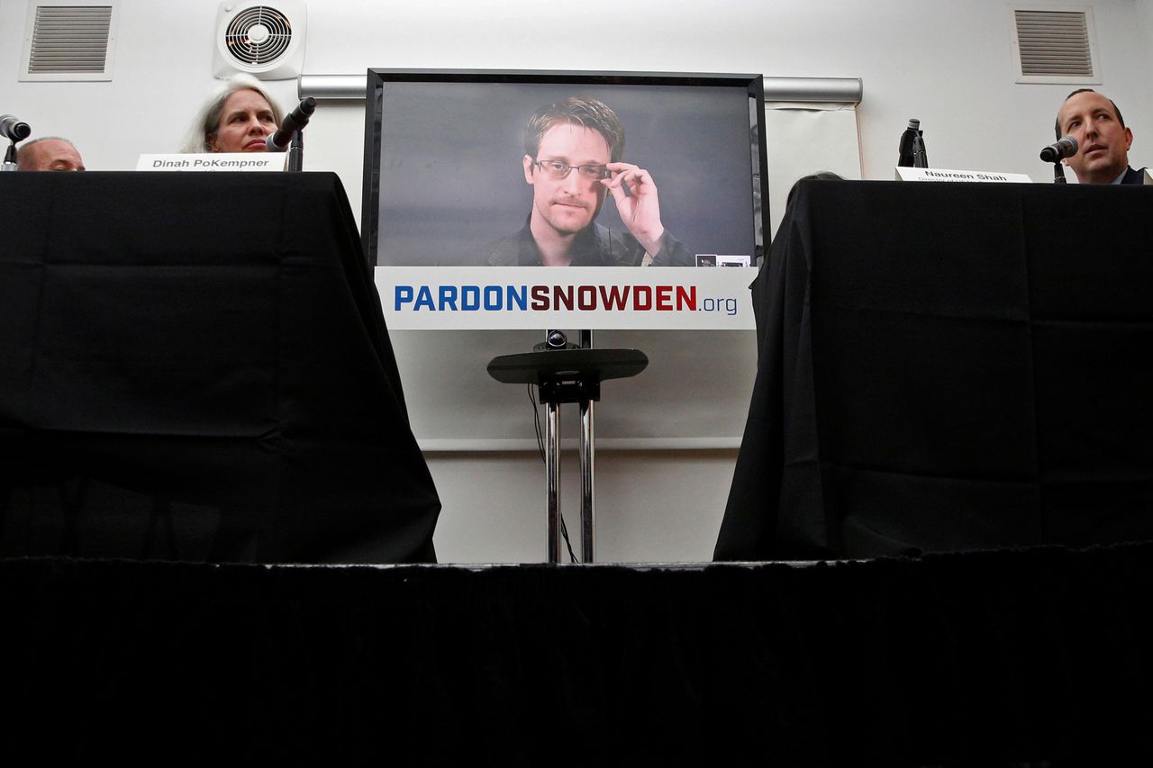 Edward Snowden speaks via video during a press conference in New York City on Sept. 14.