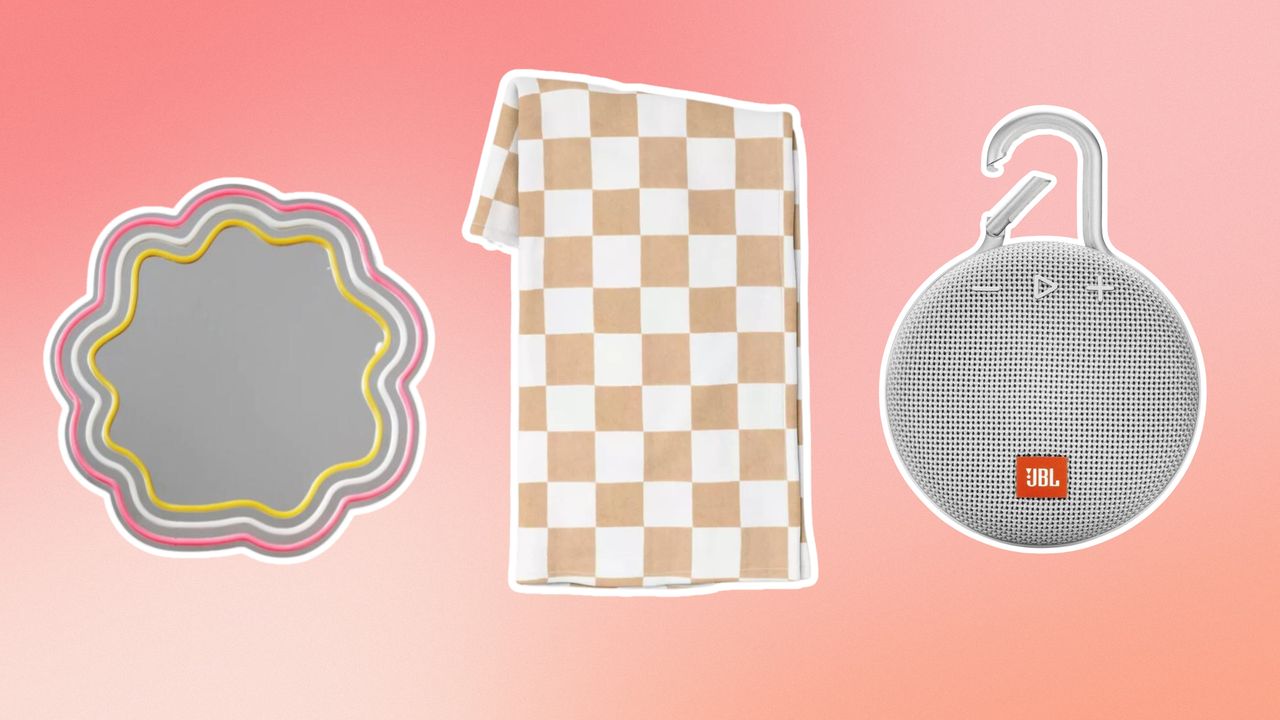 Mirror, checkerboard blanket, and white speaker on pink background