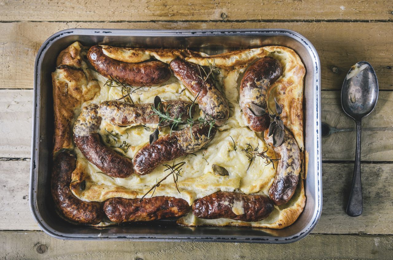 Cheese sausage batter in a roasting tin