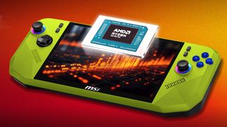 A promotional, stylized image of the MSI Claw A8 handheld gaming PC, against a red/orange background, with a Ryzen Z2 Extreme processor imposed over the device's screen.