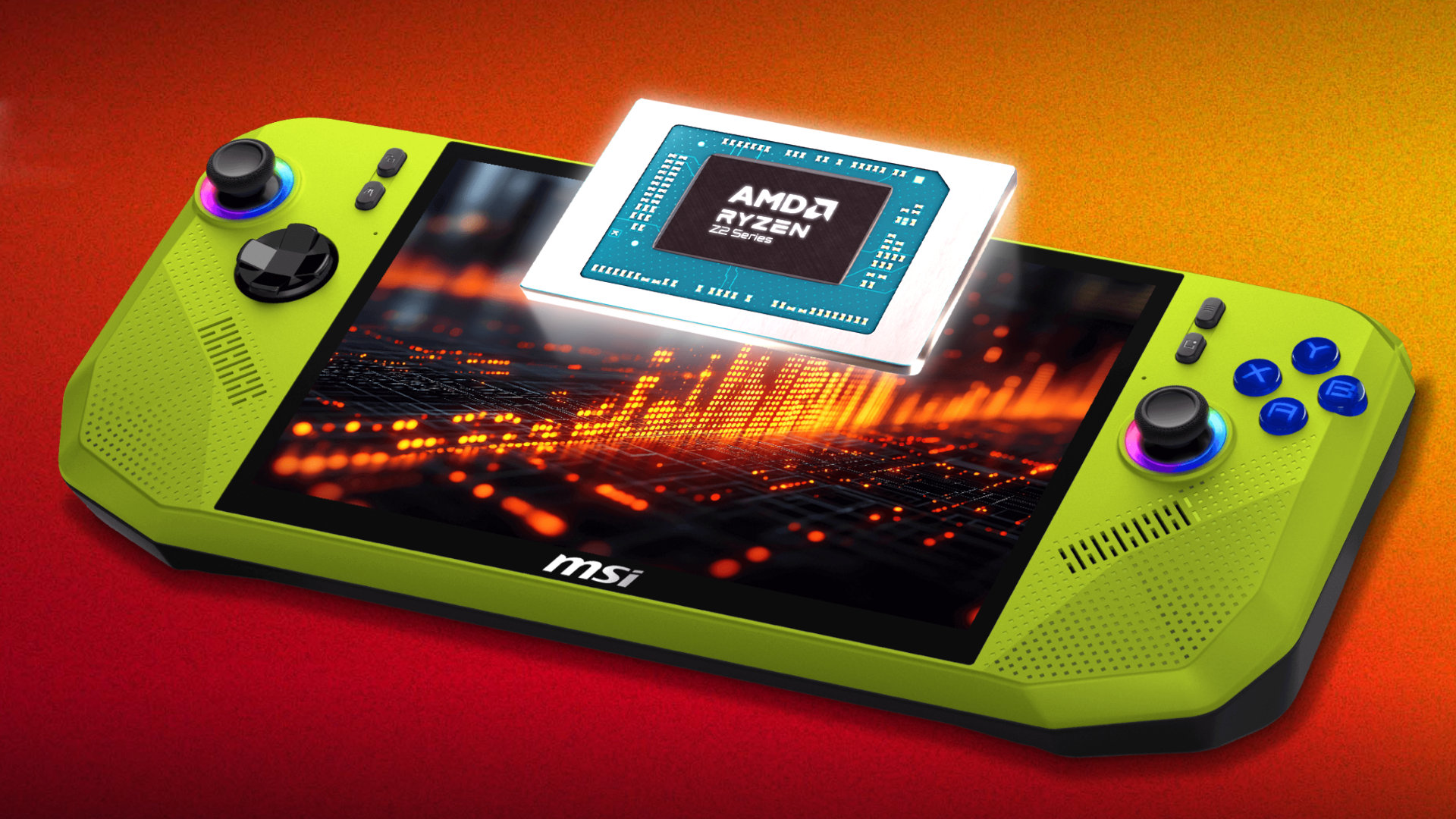 A promotional, stylized image of the MSI Claw A8 handheld gaming PC, against a red/orange background, with a Ryzen Z2 Extreme processor imposed over the device&#039;s screen.