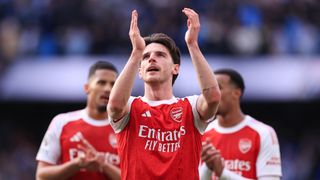 Declan Rice of Arsenal applauds the support after the Premier League match between Manchester City and Arsenal at Etihad Stadium. 