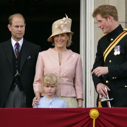 london, united kingdom june 13 embargoed for publication in uk newspapers until 48 hours after create date and time hrh prince edward, the earl of wessex, lady louise windsor, hrh sophie countess of wessex and hrh prince harry on the balcony of buckingham palace during the annual event of the queens colour of first battalion grenadier guards as they are trooped to mark her official brithday on june 13, 2009 in london, england photo by indigogetty images
