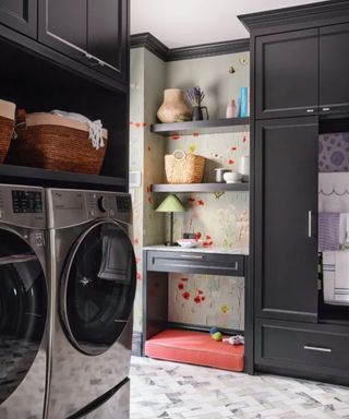 laundry room with storage baskets and dog bed