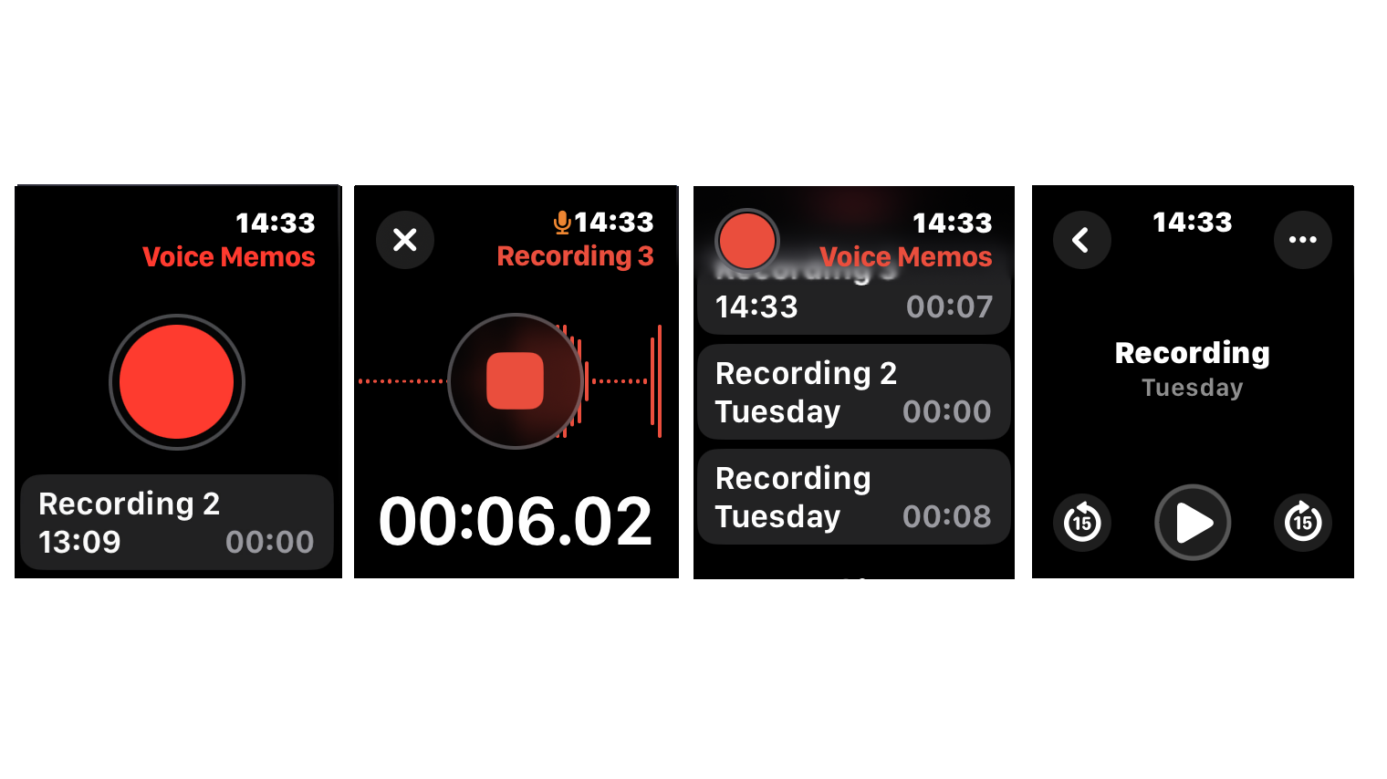 Screenshots of the voice memos feature on the Apple Watch.