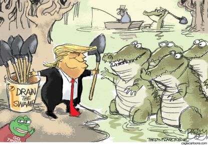 Political cartoon U.S. Donald Trump drain the swamp