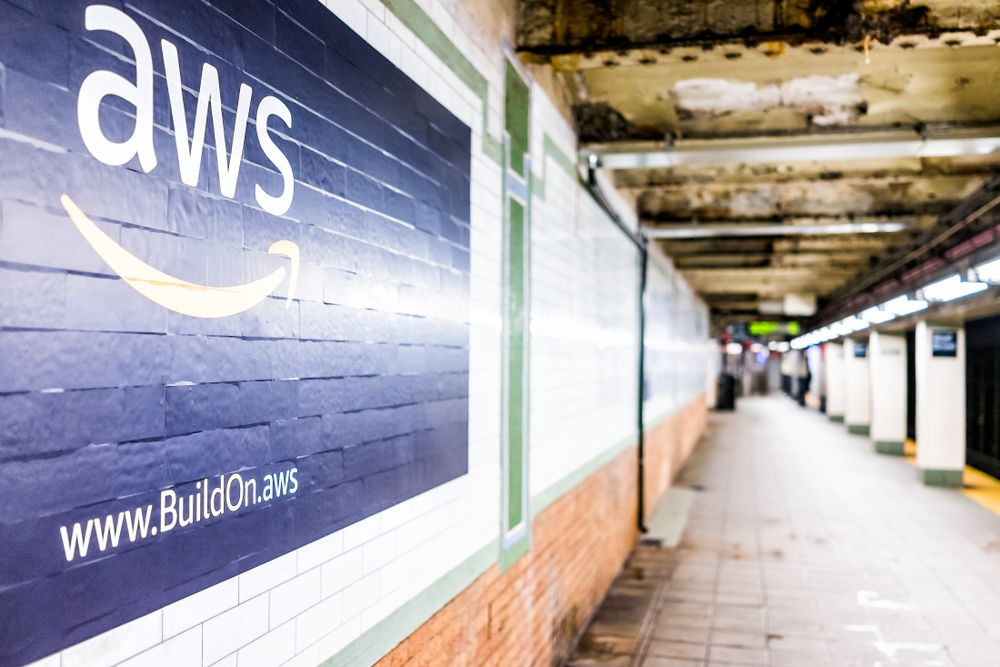 AWS advertisement close up in underground transit platform in NYC Subway Station