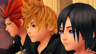 Kingdom Hearts 358/2 screenshot: Axel, Roxas and Xion enjoying ice cream in Twilight Town