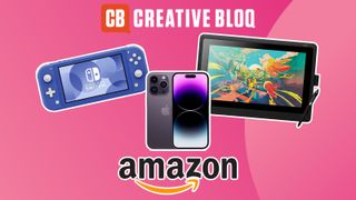 A product shot of an iPhone 14 Pro, blue Switch Lite and Wacom Cintiq on a pink background with the Amazon and Creative Bloq logo