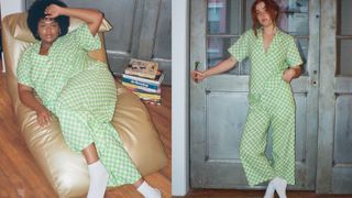 green and white checked pajamas