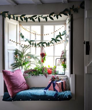 Christmas window decor with paper chain