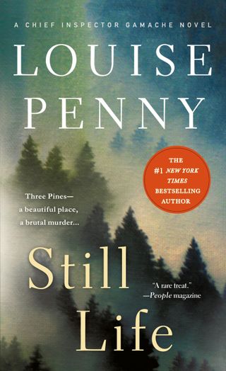 still life by louise penny book cover with pine trees in the distance