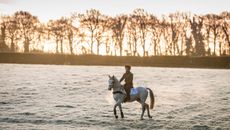 Horse rider on grey horse riding on frosty field on a winter&rsquo;s morning