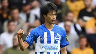 Kaoru Mitoma of Brighton &amp; Hove Albion celebrates ahead of the 