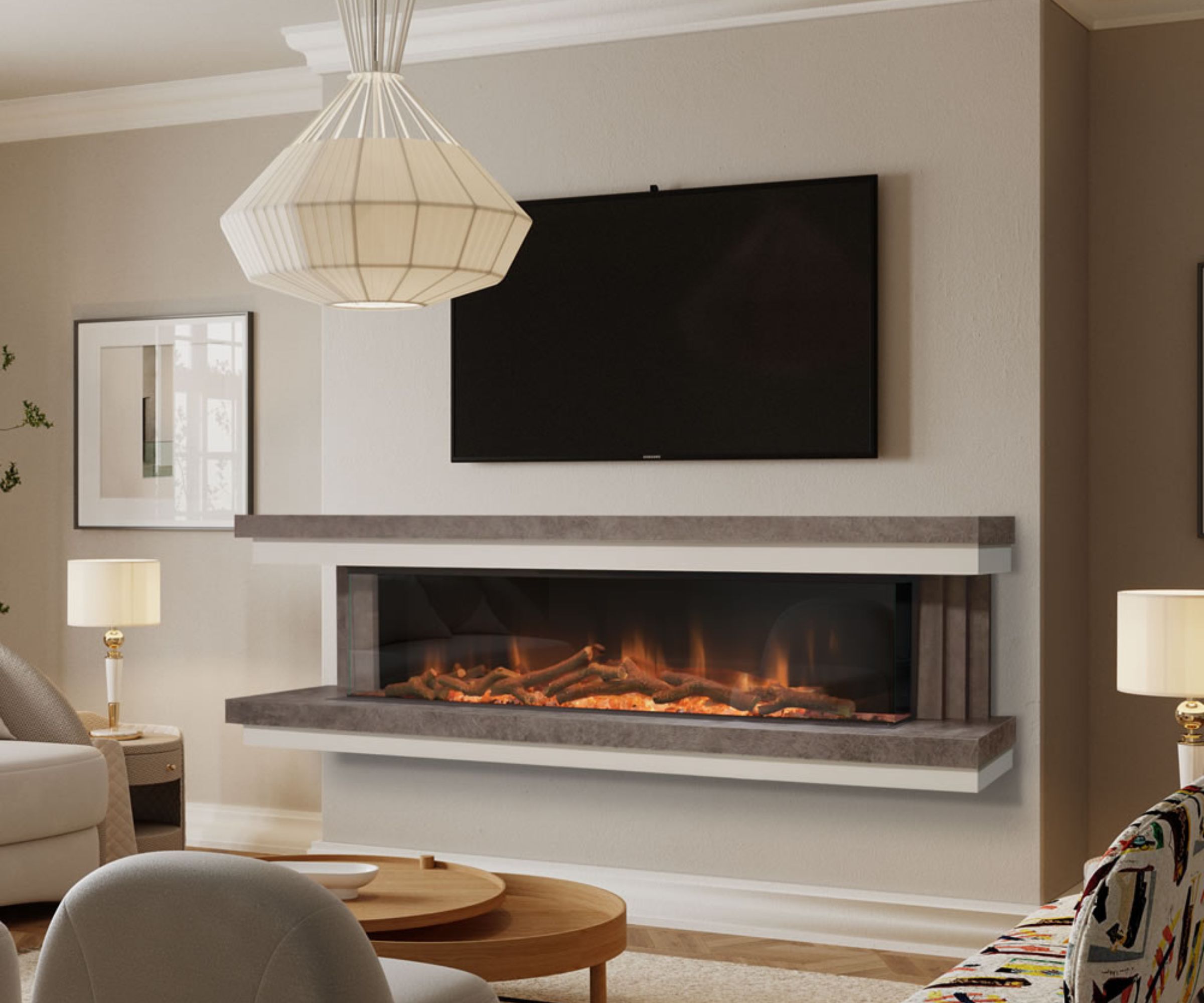 A bright modern living room with a wall-mounted TV above a sleek horizontal electric fireplace, marble-effect wall panelling, white boucle chairs, and a marble coffee table set with a wine glass and bottle.