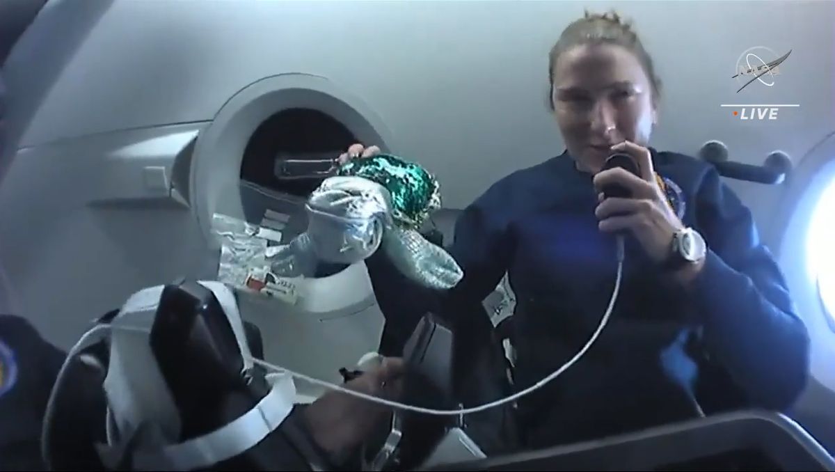 NASA astronaut Kayla Barron presents her Crew-3 mission's mascot, a plush turtle named Pfau (German for peacock) during a video tour of SpaceX's Crew Dragon Endurance on Nov. 11, 2021.