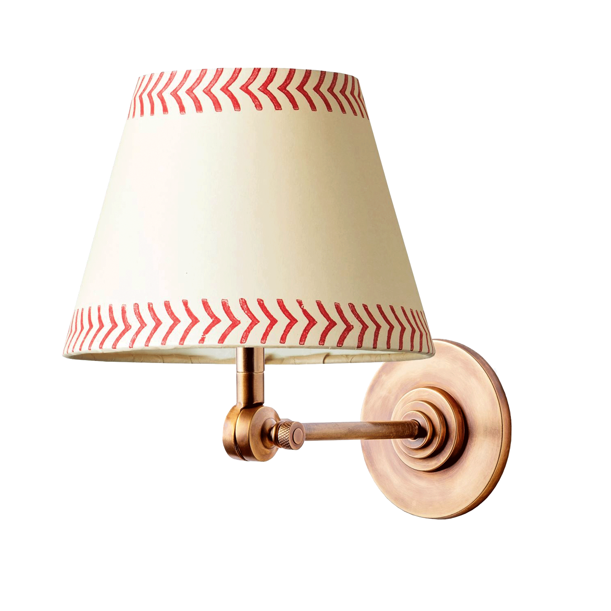 Pooky Elbow rechargeable wall fitting in antique brass with 20cm empire shade inScarlet Arrows against a white background