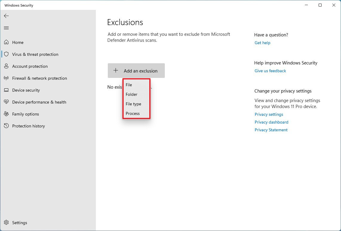 Microsoft Defender Antivirus select folder exclusions