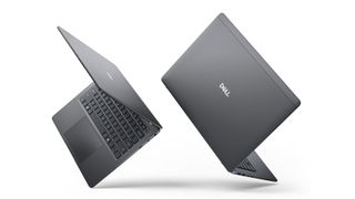 Dell Pro 7 view of laptops side-by-side: one open showing back of lid, the other open showing keyboard