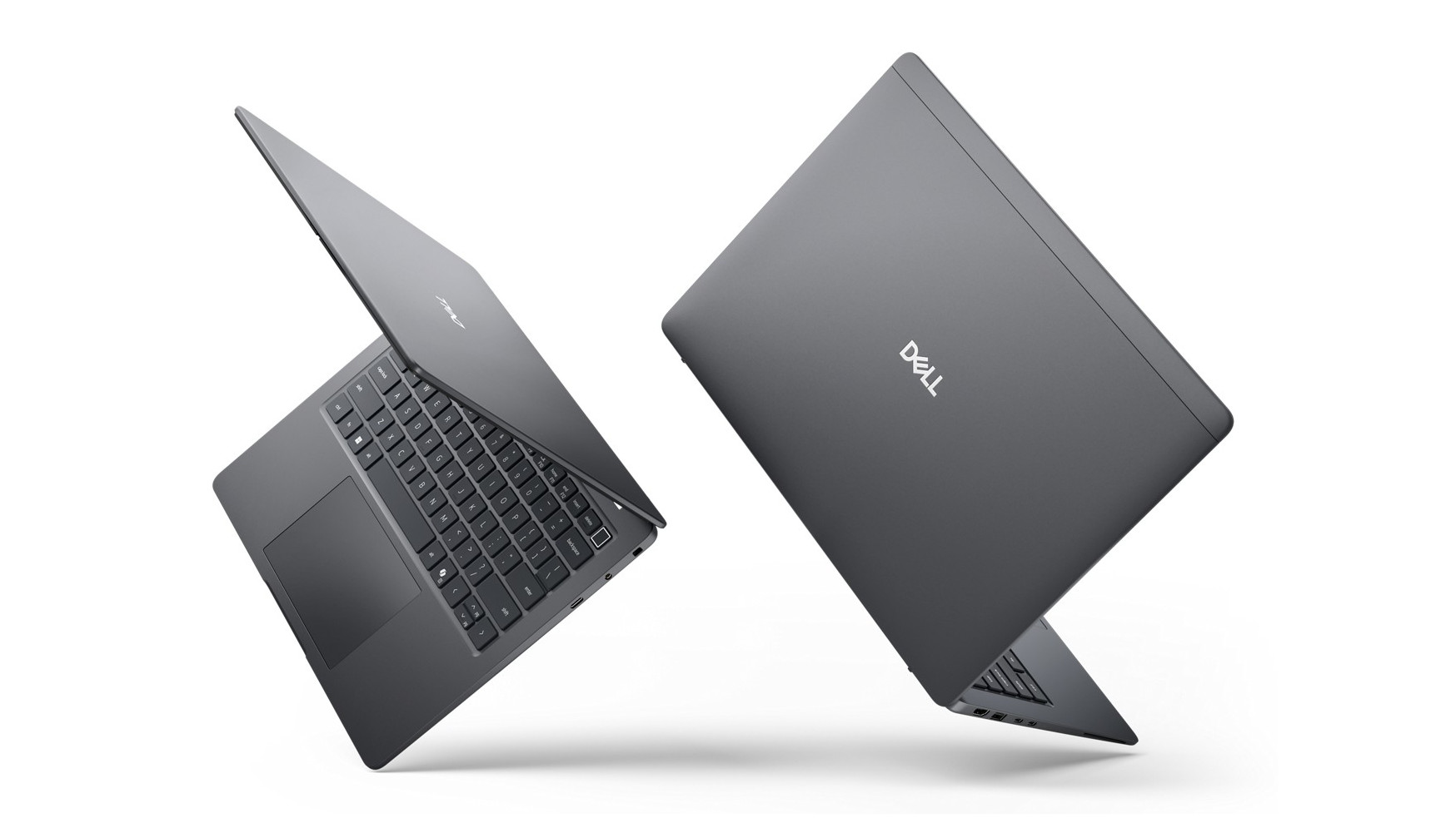 Dell Pro 7 view of laptops side-by-side: one open showing back of lid, the other open showing keyboard