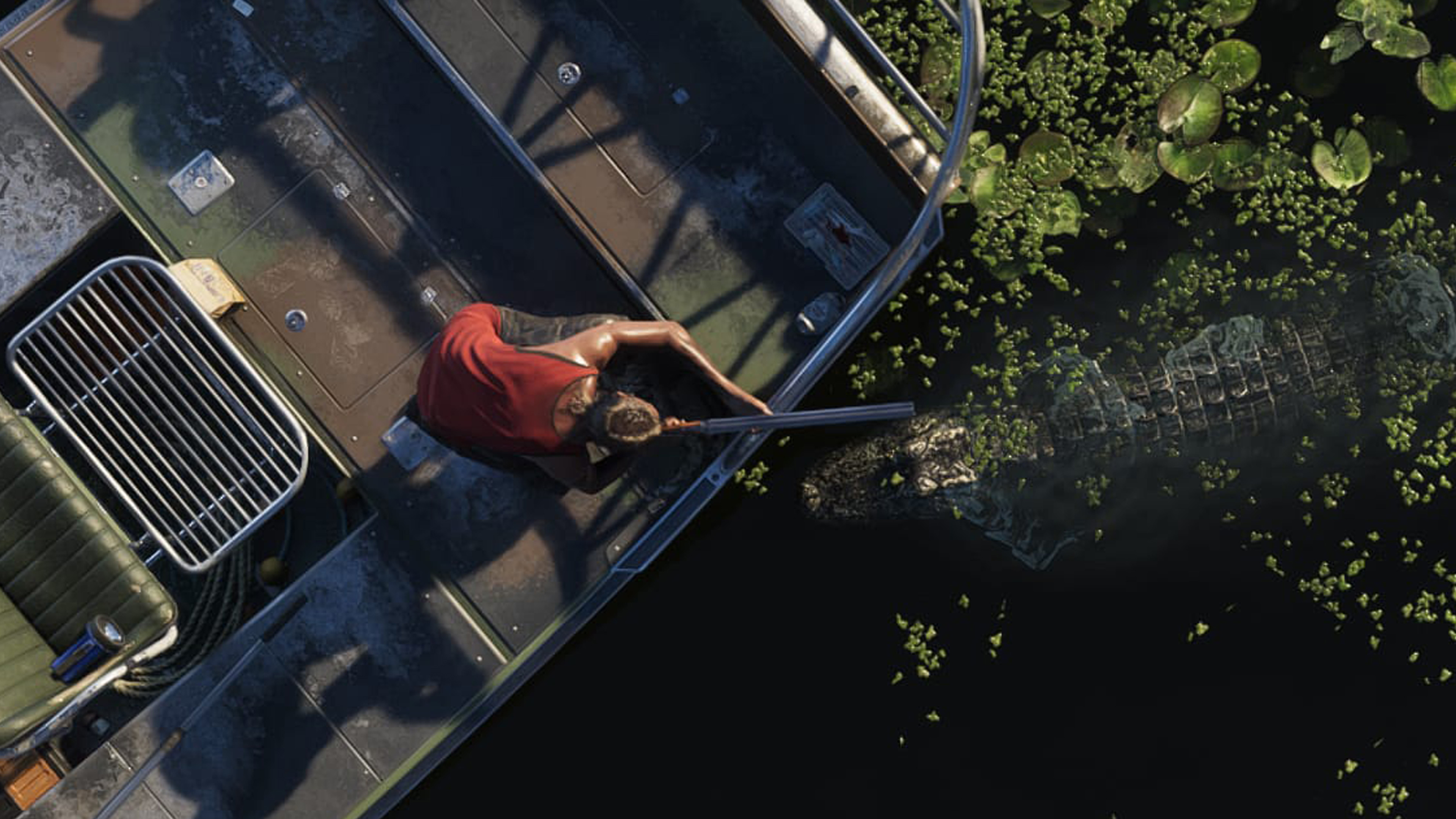 A close-up of a poacher on an air boat in Grassrivers aiming a double-barreled shotgun over the side