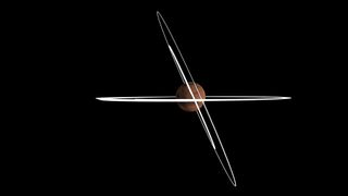 Artist's impression of the changes in orbit ExoMars has undergone so far. When it arrived at Mars, its orbit was almost parallel with the equator of the planet. After maneuvers in January and February, its orbit was much more inclined (at 74 degrees).