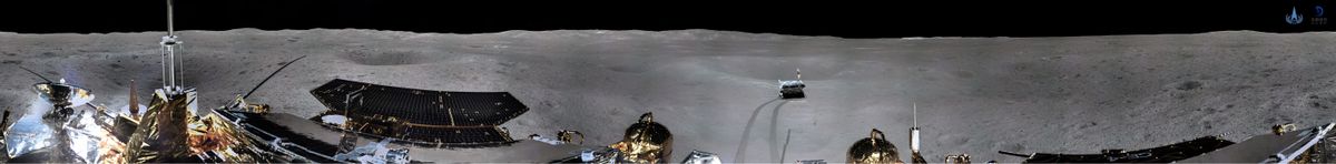 China&#039;s Chang&#039;e 4 moon lander on the far side of the moon took this panoramic view of its surroundings in Von Karman crater, showing its rover Yutu-2 nearby. The China National Space Agency unveiled the image on Jan. 10, 2019.