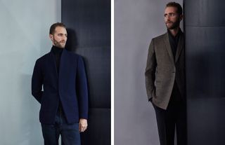 A male model wearing two looks from Kilgour's collection. The first look features a black turtle neck jumper, dark blue jacket and dark blue pants. And the second look features a brown grey coloured jacket with dark piece underneath and dark trousers