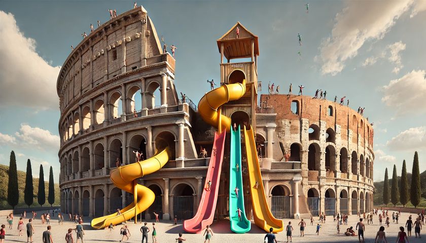 An AI-generated image of the colosseum with slides coming out of it.