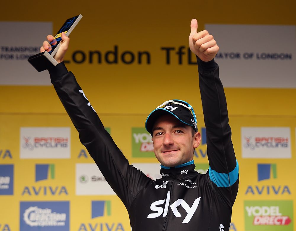 Elia Viviani on the stage 8 podium at the Tour of Britain.