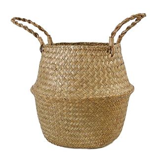 Feilanduo Seagrass Belly Basket Woven Plant Pot With Handle, Natural Foldable Laundry Toy Storage Baskets for Shelves (natural, Widest Part 22 X 20cm)