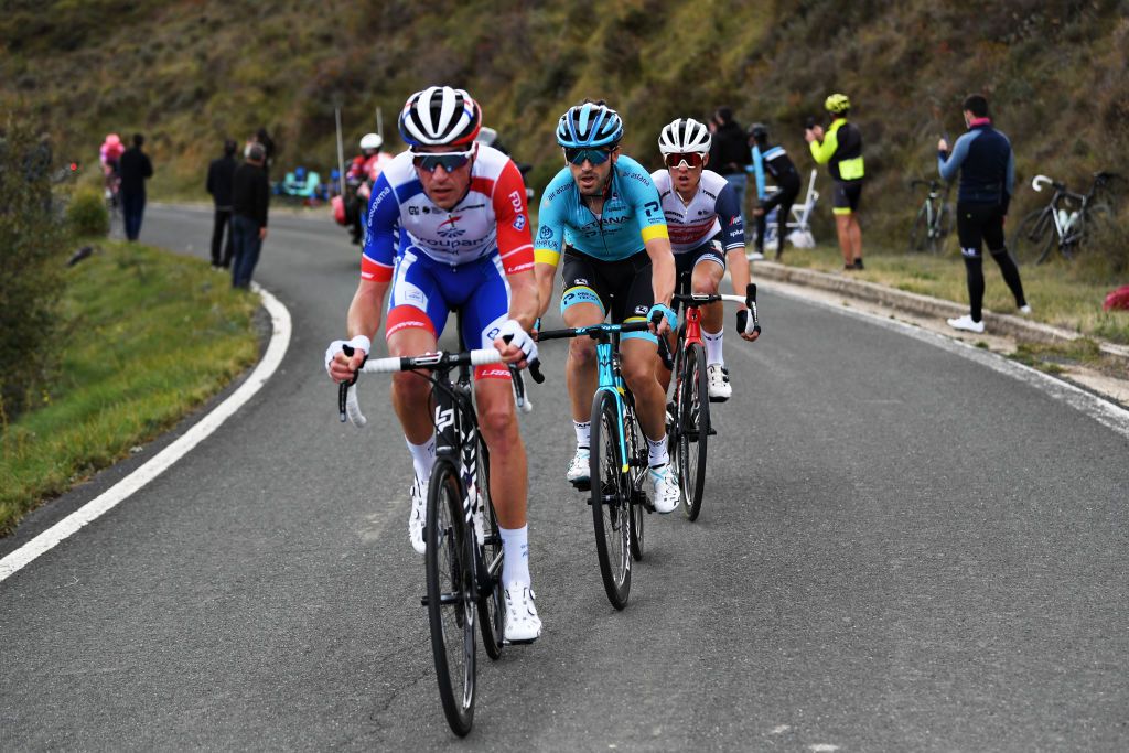 LEKUNBERRI SPAIN OCTOBER 21 Ion Izagirre Insausti of Spain and Astana Pro Team Bruno Armirail of France and Team Groupama FDJ Juan Pedro Lopez of Spain and Team Trek Segafredo Breakaway during the 75th Tour of Spain 2020 Stage 2 a 1516km stage from Pamplona to Lekunberri lavuelta LaVuelta20 La Vuelta on October 21 2020 in Lekunberri Spain Photo by David RamosGetty Images