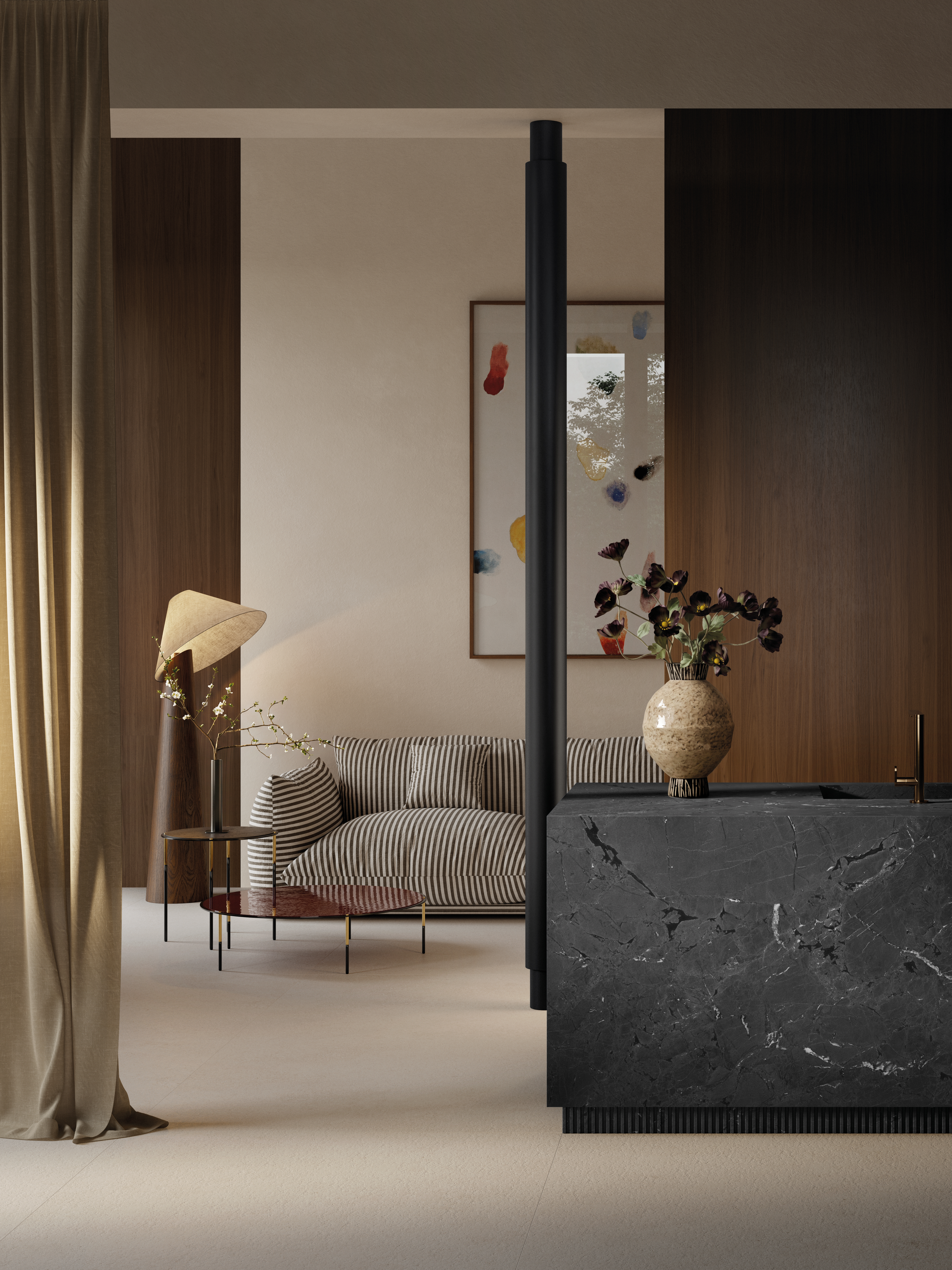 A neutrally tinted interior with a floral-inspired pendant lamp in paper, an abstract pale blue artwork, a round glossy vase filled with flowers, textile-clad brown walls, and a white ceramic sconce.