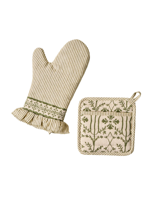 Magnolia Olive Pin Stripe Oven Mitt + Pot Holder Set