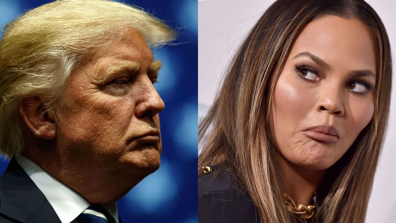 Chrissy Teigen and Donald Trump faces