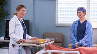 Ellen Pompeo as Meredith Grey and Caterina Scorsone as Amelia Shepherd in Grey's Anatomy 