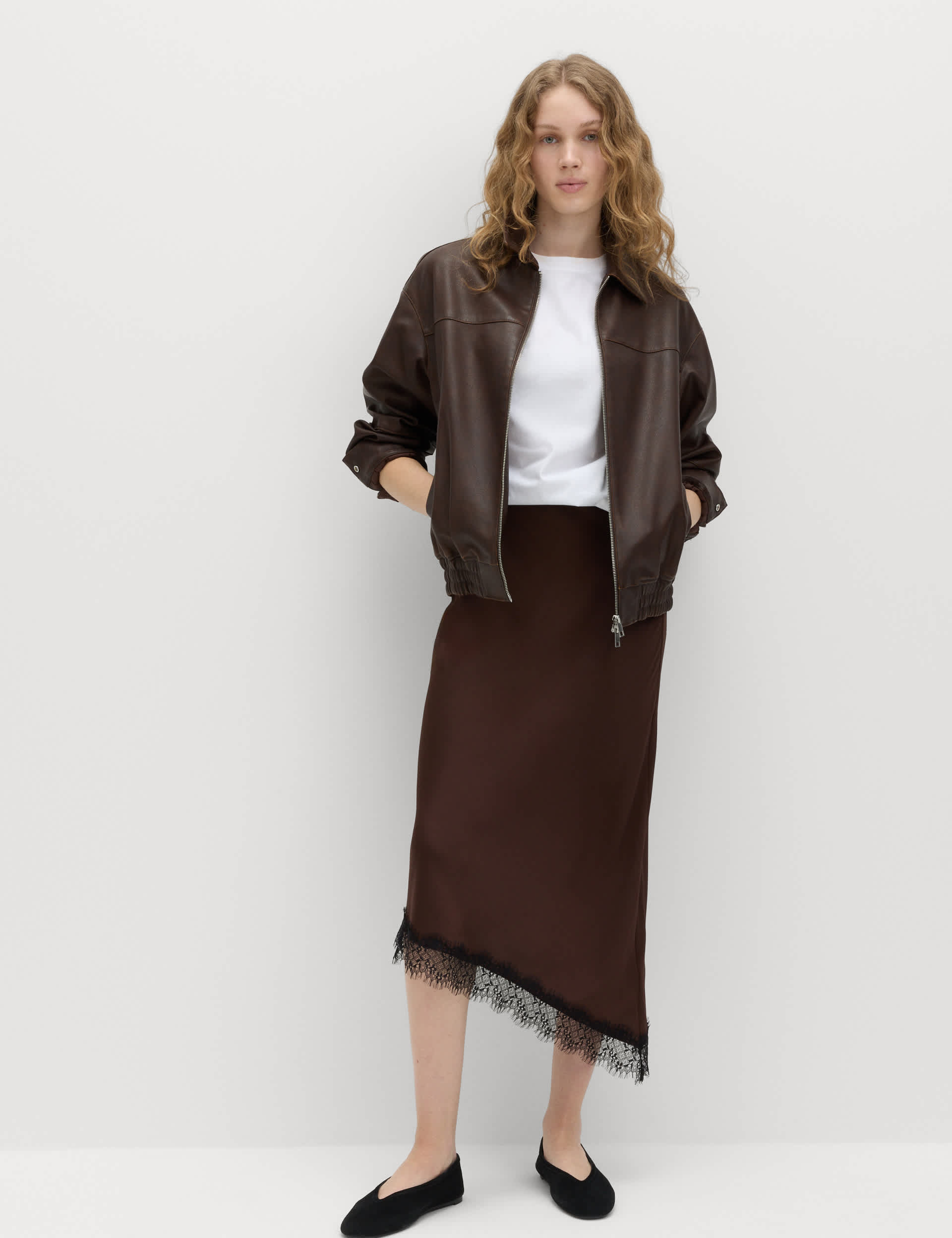 Lace Detail Asymmetric Midi Slip Skirt