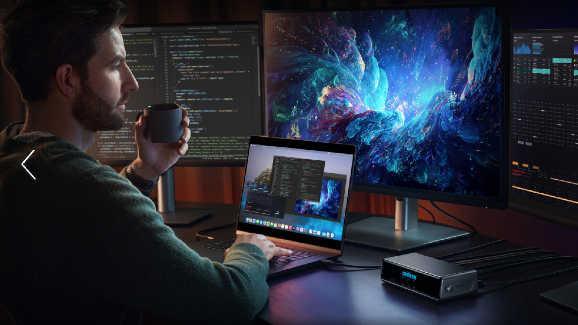 Image of the Anker (14-in-1, Triple Display, DisplayLink) with DL7400 powering three monitors - image is AI generated