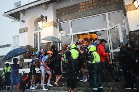 FONT-ROMEU, FRANCE - AUGUST 24: General view of the atmosphere after the cancellation of the stage due to a hailstorm during the La Vuelta - 81st Tour of Spain 2026, Stage 3 a 174km from Gruissan - Aude to Font Romeu 1941m / The stage is cancelled due to extreme weather conditions / #UCIWT / on August 24, 2026 in Font Romeu, France. (Photo by Tim de Waele/Getty Images)