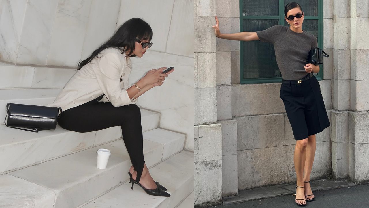 expensive-looking spring finds shown in a collage of two photos of women wearing spring outfits, with the woman on the left wearing a creme blazer with black stirrup leggings and black mules and a woman on the right wearing a gray sweater with navy shorts and black strappy sandals 