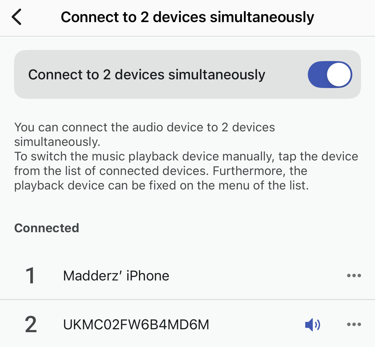 App menu for using Bluetooth Multipoint on the Sony WF-1000XM6