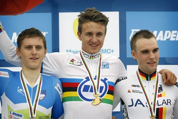 Junior men's time trial world championship podium (L-R): Matej Mohoric (Slovenia), Oskar Svendsen (Norway) and Maximilian Schachmann (Germany)