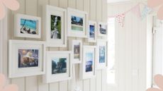 picture of gallery wall with white walls and white framed photos to support Kelly Hoppen's gallery wall placement trick