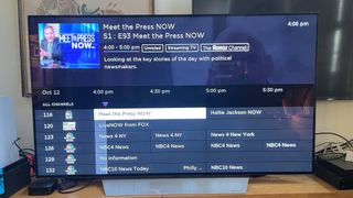 Roku's Live TV grid on a TV connected to a Roku Express (2022)