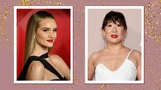 Rosie Huntington-Whiteley and Sandra Oh are pictured wearing red lipstick in a two-picture, mauve and gold glitter template